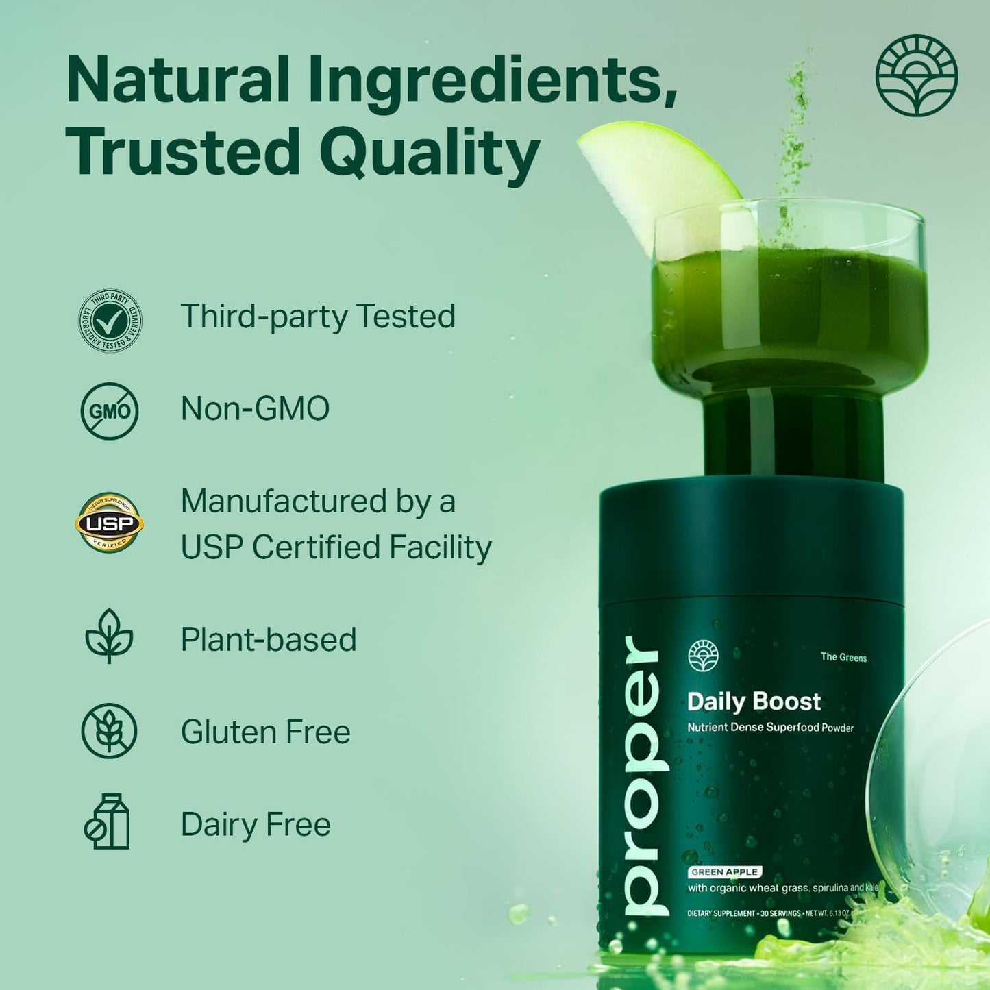 Proper, The Greens Daily Boost Organic Greens Powder. Whole Food, Apple Flavor Veggie Powder Superfood with Wheatgrass, Spirulina, Chlorella, Probiotics. Daily Drink Mix for Wellness and Digestion