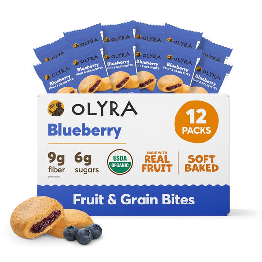 Olyra Blueberry Organic Bars, Prebiotic High Fiber Bars, Healthy Snacks for Kids, Low Sugar, Vegan, Office Bar, USDA Certified Organic, Non GMO (Pack of 12)