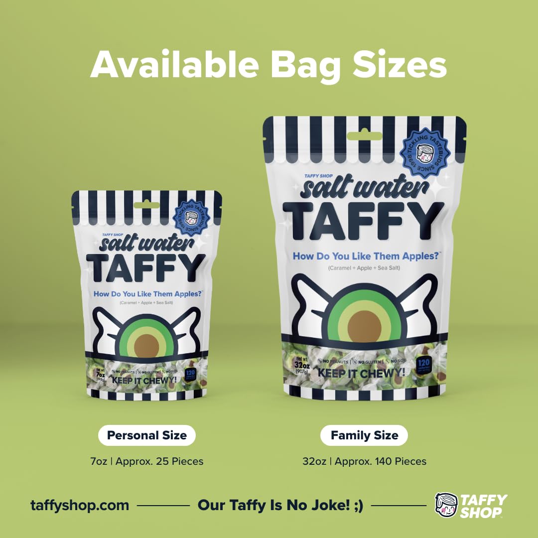 Taffy Shop How Do You Like Them Apples? Sea Salt Caramel Apple Salt Water Taffy – Gourmet Soft Chew Candy, Bulk Sweet Snack, Fresh Gift & Gluten-Free, 35 Individually Wrapped Pieces (7oz)