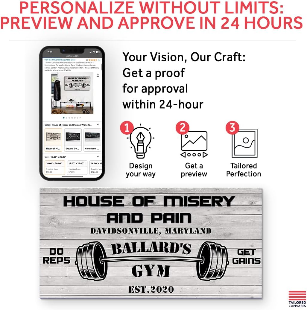Tailored Canvases Personalized Gym Sign Wall Art Decor - Motivational Canvas for Home Gym, Workout Room, Garage, Fitness Center - Workout Inspirational Posters - House of Misery and Pain, White Wood 20x10in