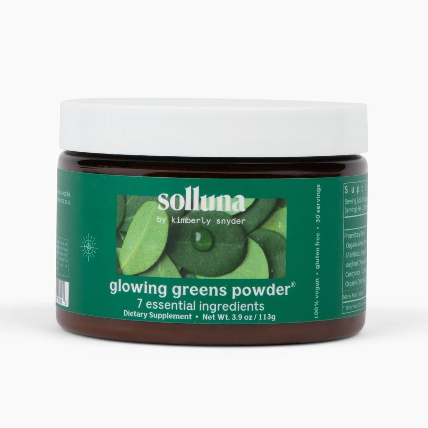 Solluna by Kimberly Snyder Glowing Greens Powder — Spirulina, Cordyceps, Chlorella, Moringa, Ashitaba, Amalaki, Monk Fruit — Superfood Supplement for Energy & Mood (30 Servings) Vegan & Non-GMO