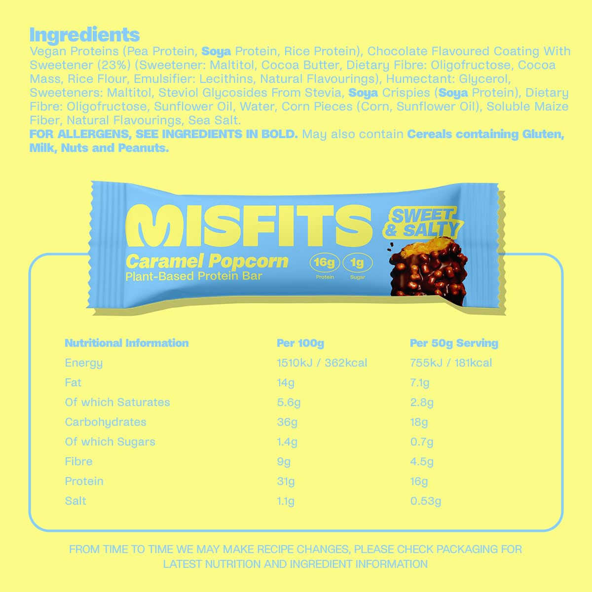 Misfits Vegan Protein (15 g) Bars, Sweet & Salty Caramel Popcorn | Plant Based, Gluten Free, Low Sugar & Carb Snacks with 4 g Fiber | Pack of 15