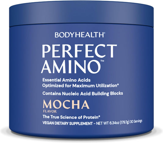 BodyHealth PerfectAmino Powder - BCAA and EAA Powder for Pre and Post Workout - Amino Acid Energy Drink for Men and Women to Support Lean Muscle and Recovery - Mocha - 30 Servings