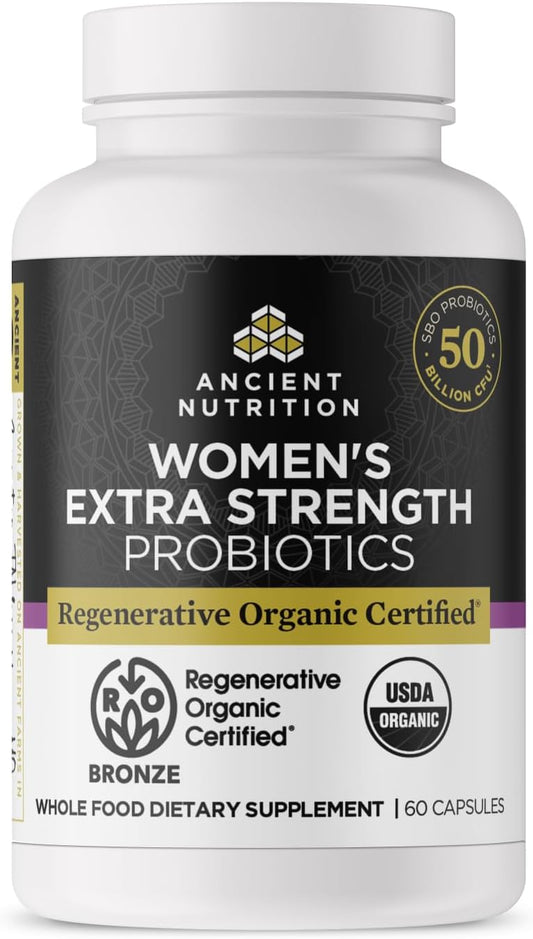 Ancient Nutrition Regenerative Organic Certified Probiotics for Women, Probiotics Women’s Extra Strength, Healthy Digestion and Immune System Function Support, 25 Billion CFUs* Per Serving, 60 Count