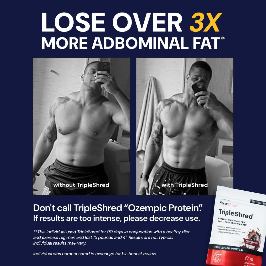 Novex Biotech TripleShred Protein - Pre-Stacked Protein - Increase Energy and Focus - Build Muscle - Chocolate Fudge, 20 svgs