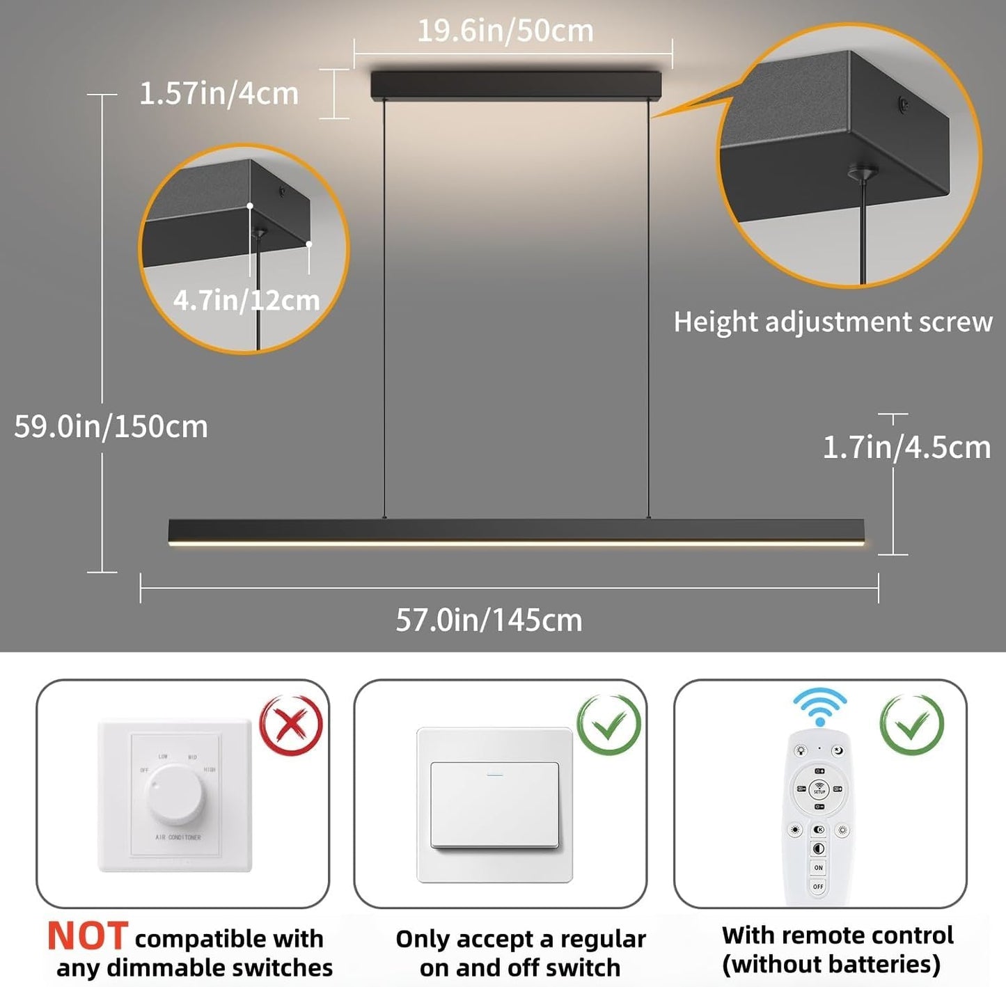 Modern Ceiling Pendant Light,57in LED Black Linear Ceiling Chandelier Light Dining Room,Living Room,Warm & Cool, Neutral Light,Aluminum Island Lighting Hanging Pendant Light for Kitchen