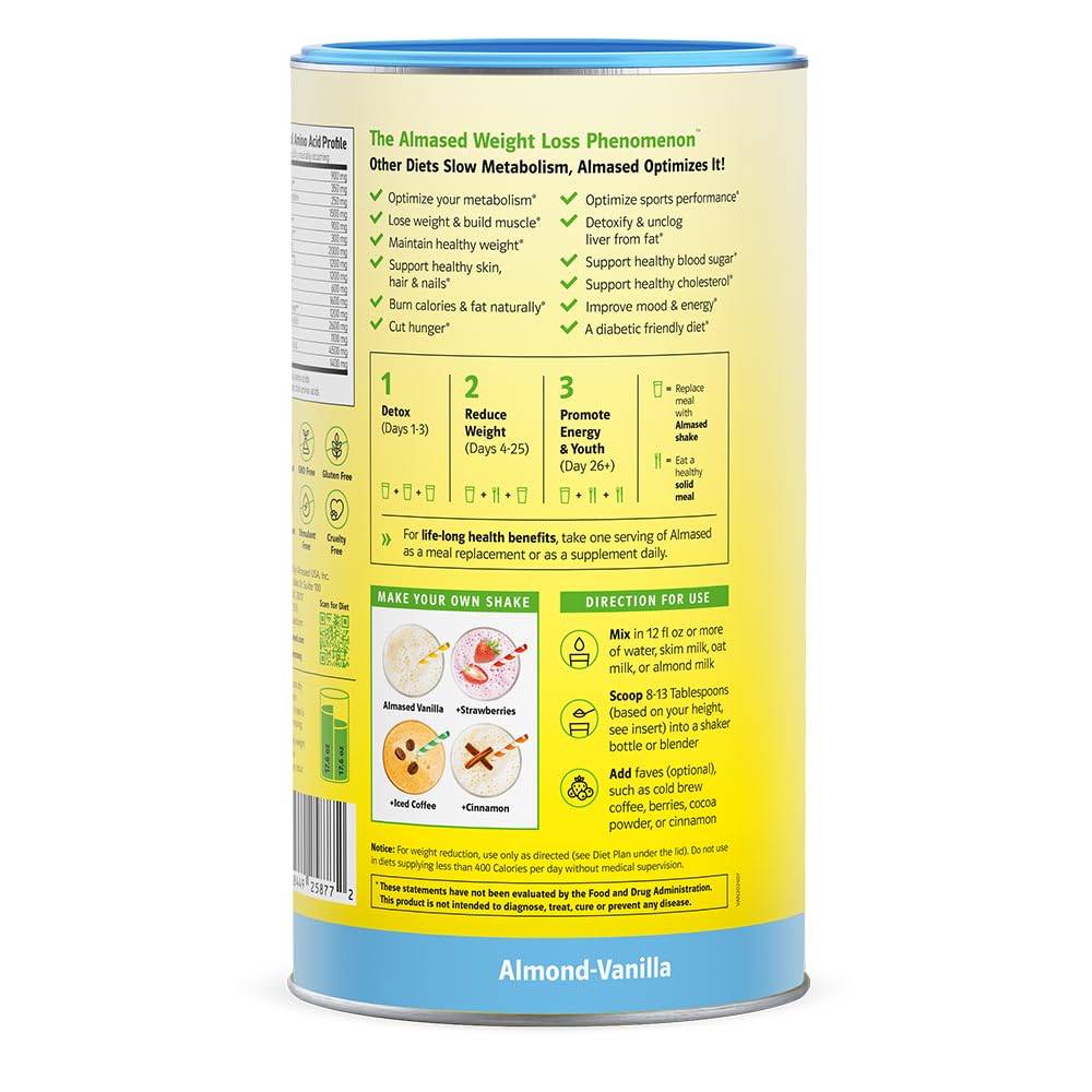 Almased Protein Powder for Weight Loss Kit for Men & Women, Natural Meal Replacement Shake for Weight Loss, Supplement, 24 Grams of Protein Per Serving (Almond Vanilla Flavor, 3 Cans @ 17.6 oz ea + Scoop)