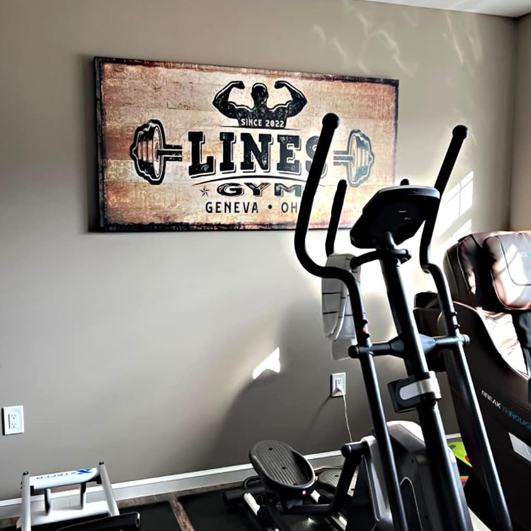 TAILORED CANVASES Personalized Gym Sign Wall Art Decor - Motivational Canvas s for Home Gym, Workout Room, Garage, Fitness Center - Workout Inspirational Posters - Kettlebell on Rustic, 36x12in