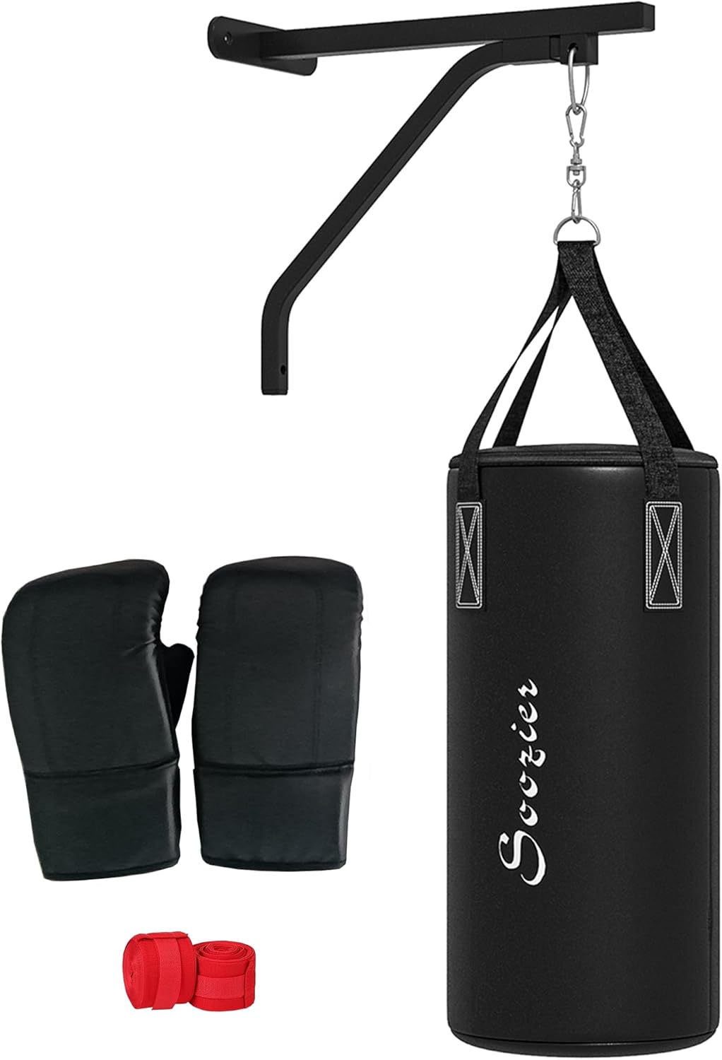 Soozier Unfilled Punching Bag for Adults, Heavy Bag Wall Mount Set with Bracket, Boxing Gloves, Hand Wraps and 360° Swivel Hook for Muay Thai and MMA Training