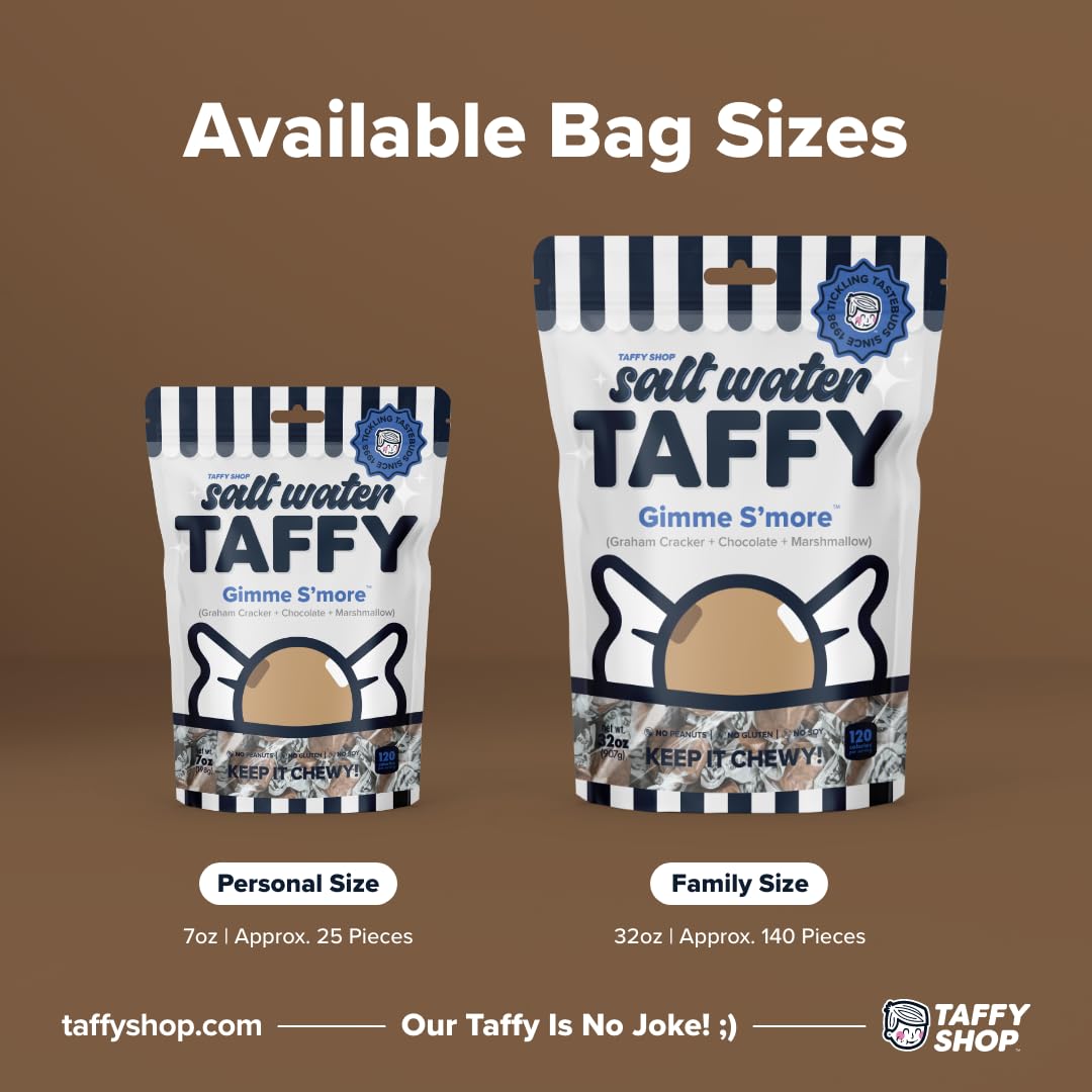 Taffy Shop Gimme S'more, Graham Cracker, Chocolate, Marshmallow Salt Water Taffy – Gourmet Soft Chewy Candy, Bulk Sweet Snack, Fresh Gift & Gluten-Free, 140 Individually Wrapped Pieces (32oz)