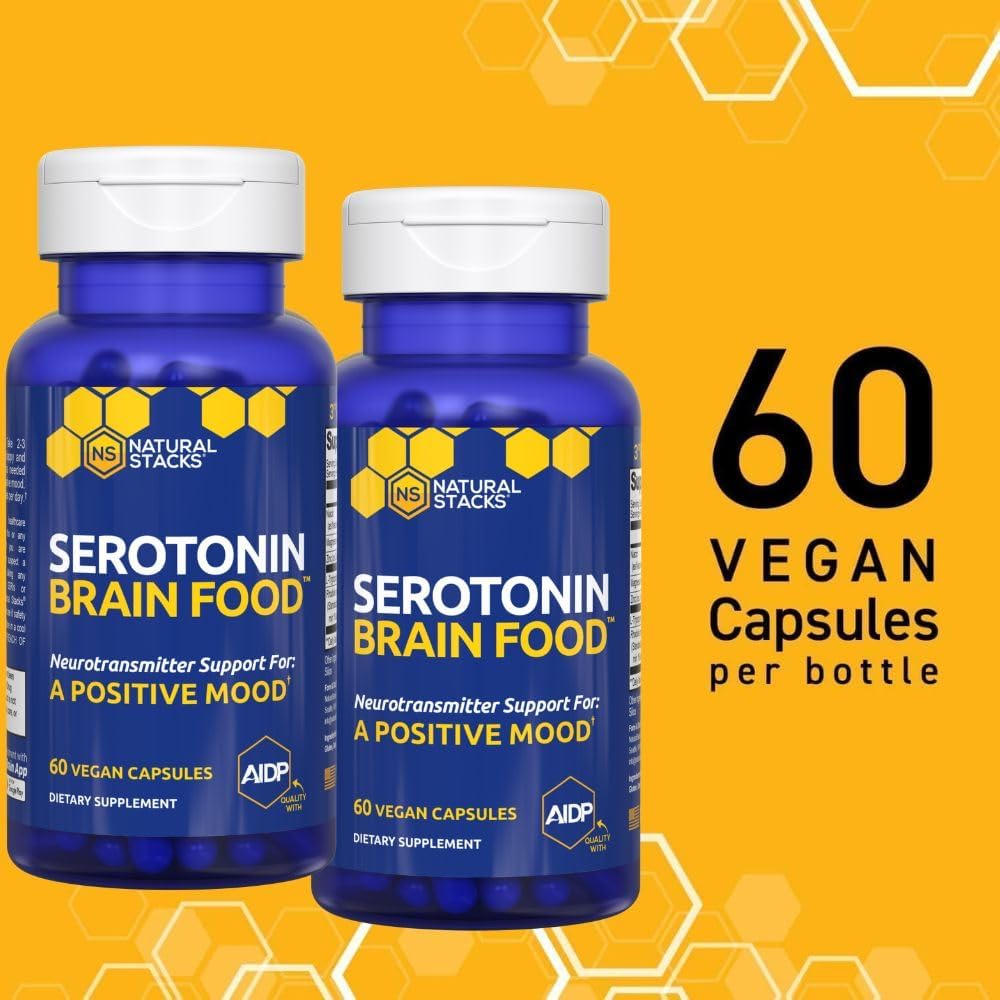 Serotonin Brain Food - 1250mg L-Tryptophan & 400mg Rhodiola Rosea Supplement - Mood Support Supplement for Stress Relief - Neurotransmitter Support with Magnesium Glycinate & Zinc - 120 Capsules