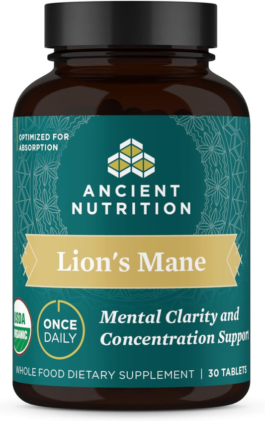 Organic Lion's Mane Mushroom Supplement with Ashwagandha by Ancient Nutrition, Organic Lion's Mane Supports Healthy Energy and Concentration, Reduces Fatigue, Gluten Free and Keto Friendly, 30 Tablets