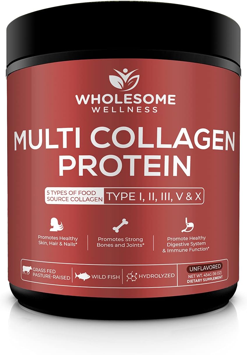 Wholesome Wellness Multi Collagen Protein Powder Hydrolyzed (Type I II III V X) Grass-Fed All-in-One Super Bone Broth + Peptides - Premium Blend of Beef, Chicken, Wild Fish, Eggshell, 58 Servings