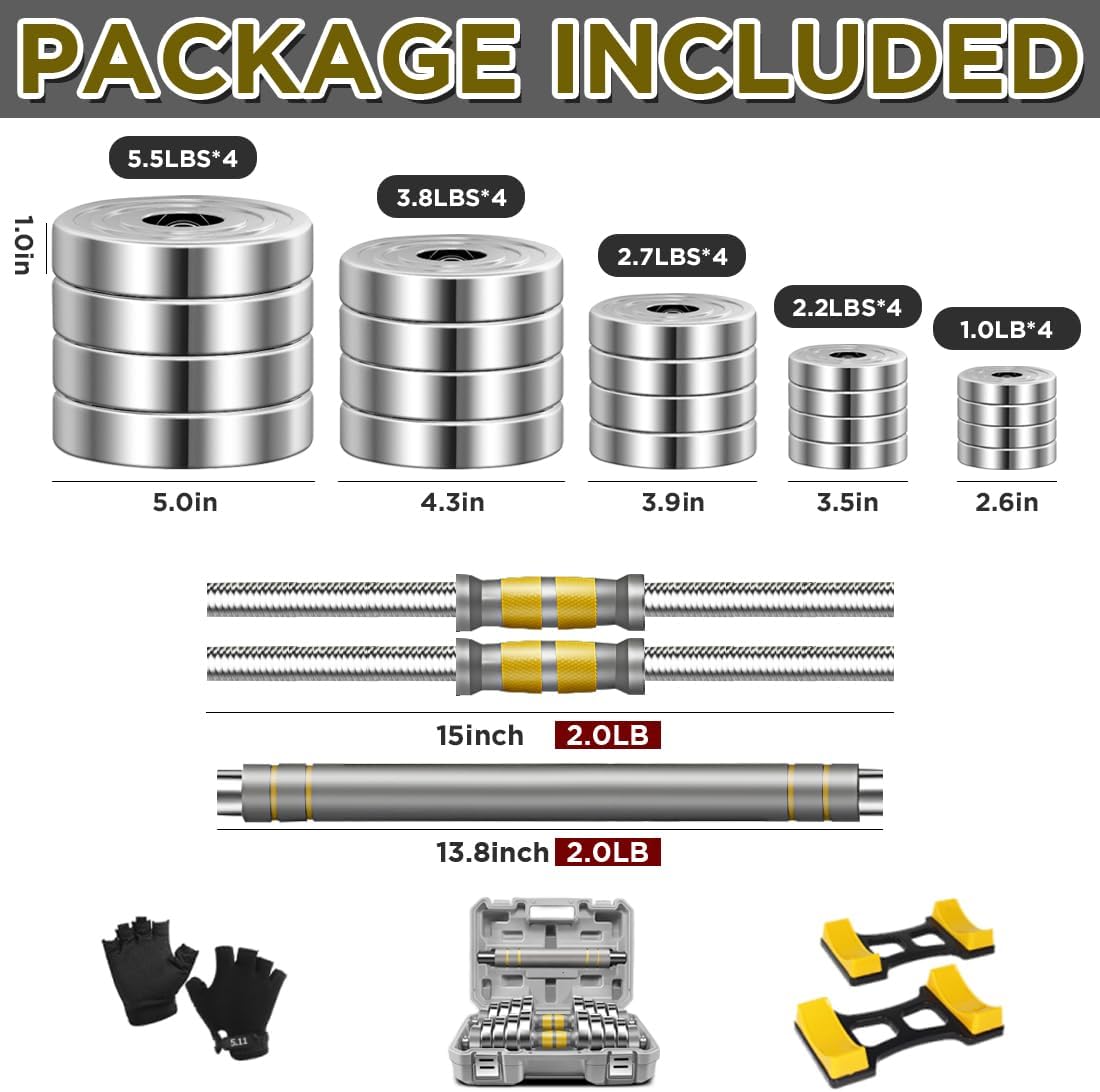 PHOEROS Adjustable Dumbbell Set - 44/66/88 LBS weights set, Dumbbell Barbell 3 in 1, Steel Dumbbells Pair with Connecting Rod for Adults Women Men Fitness Workout, Home Gym Exercise Training Equipment