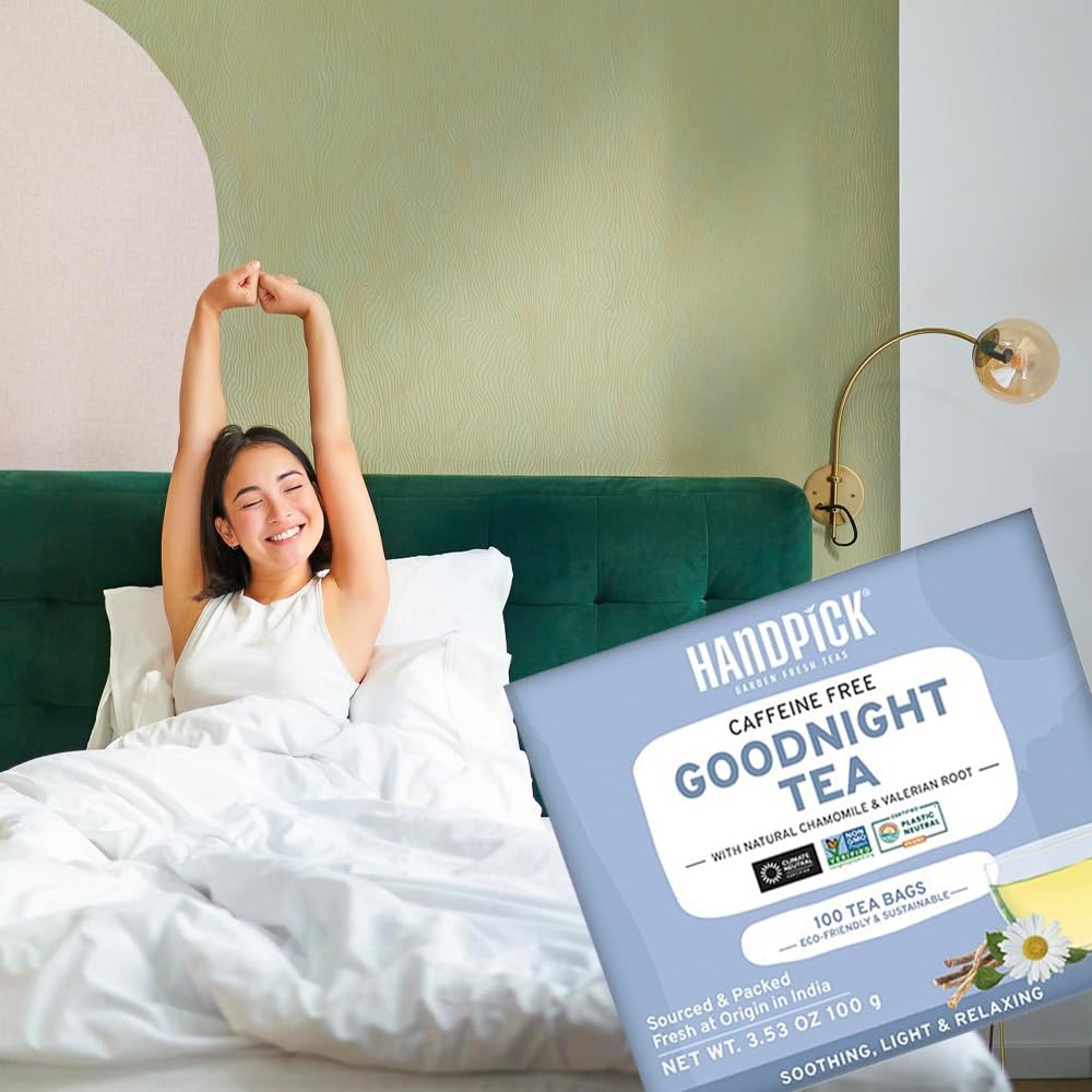 HANDPICK, Good Night Tea Bags (100 Count) Night Time Herbal Tea | Caffeine Free | Floral Blend - Lavender, Chamomile, Peppermint | Natural Tea, Perfect for Bedtime