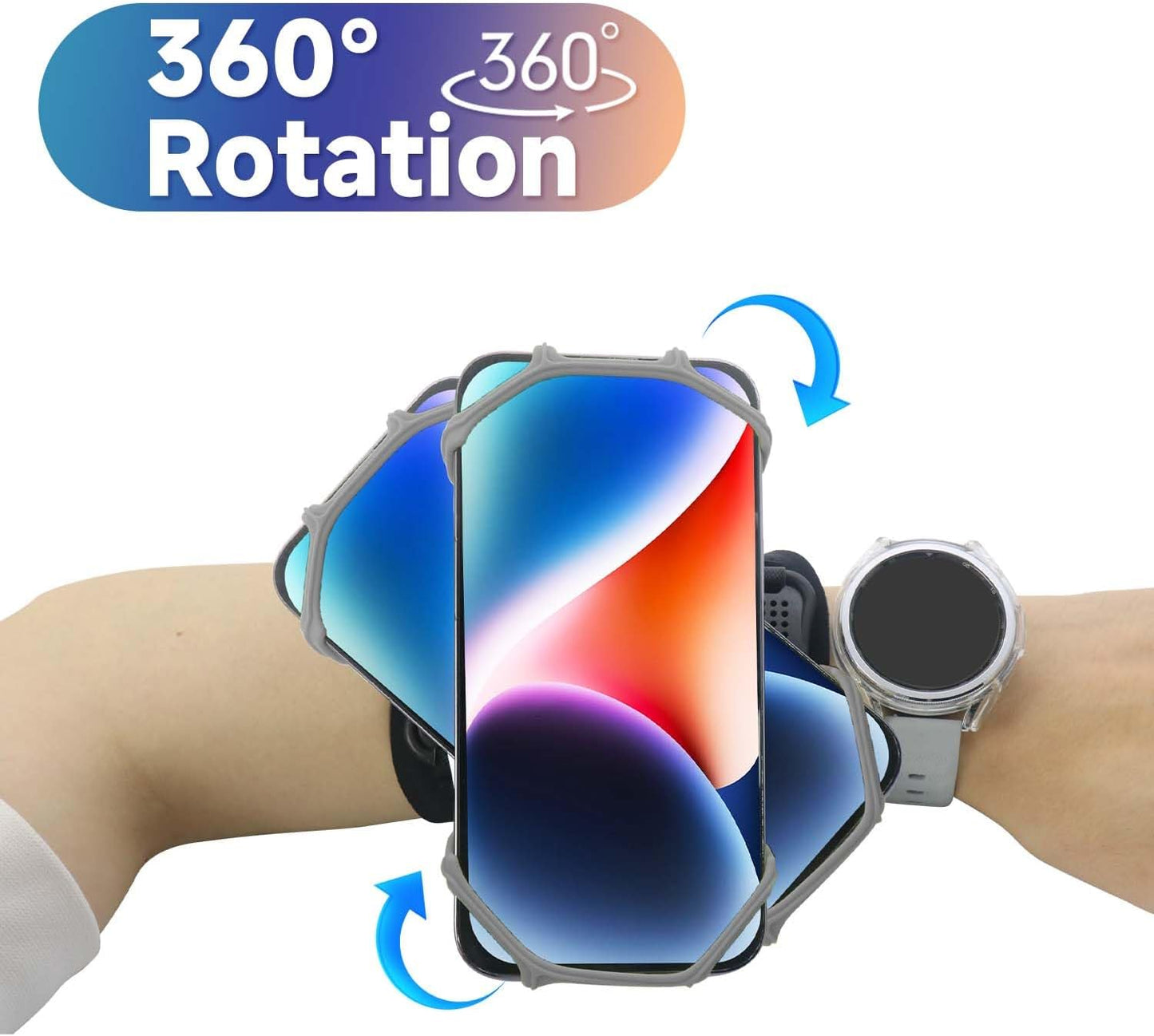 Wristband Phone Holder for Running, 360°Rotation & Detachable Sports Armband with Key Holder for iPhone 16/15/14/13/12/Pro/Pro Max/XS/XR/X/8/7/6/Plus, Fits 4.5-7 Inch Smartphones (Grey)