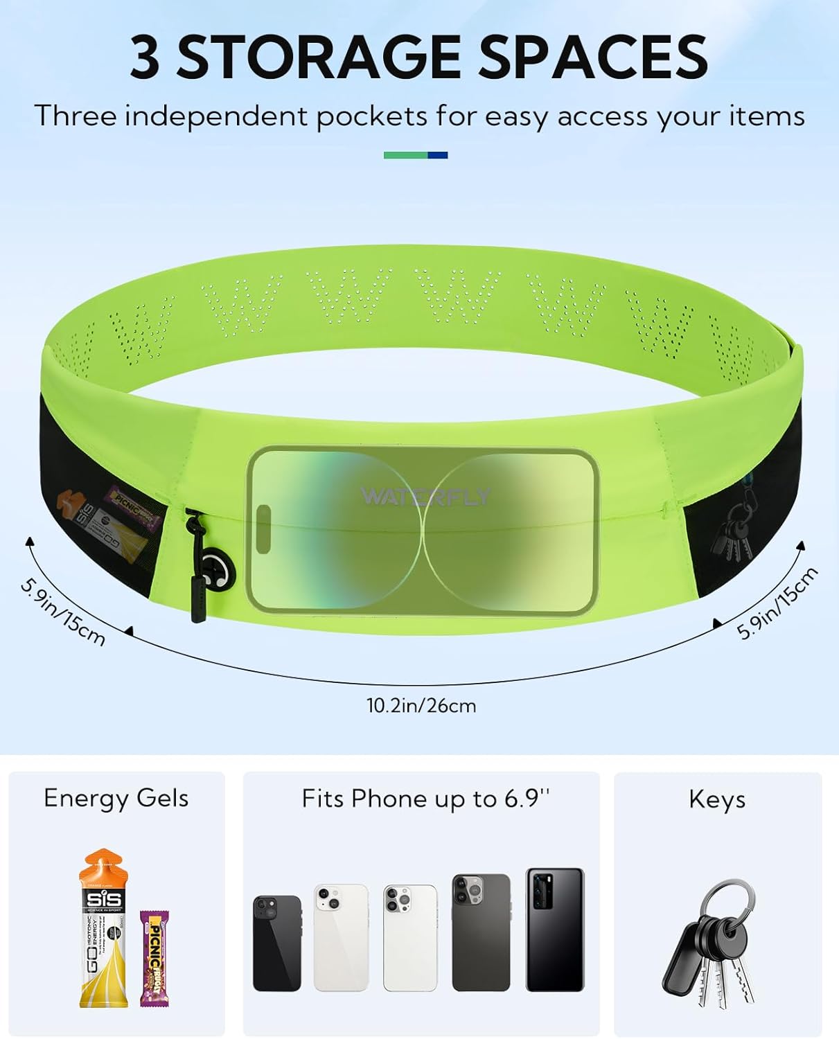 WATERFLY Running Belt Fanny Pack: Slim Waist Bag for Men Women, Workout Fitness Phone Holder for Exercise Marathon Jogging-Fluorescent Green