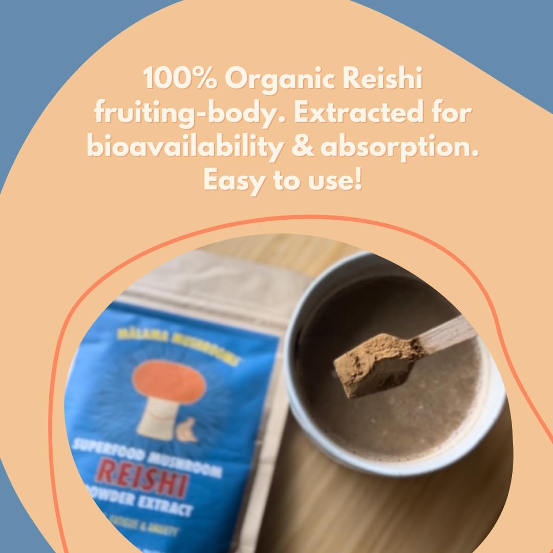 Malama Organic Reishi Mushroom Powder, Pure Fruiting Body Extract, Adaptogenic Superfood for Immune Support and Wellness, 100 Servings