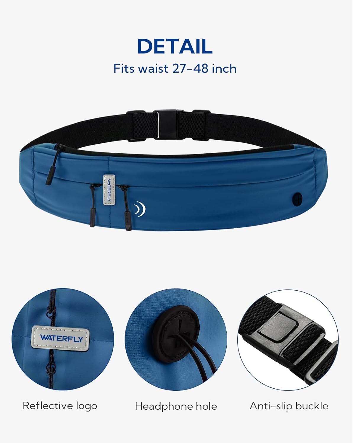 WATERFLY Running Belt Fanny Pack: Runner Marathon Jogging Waist Pack Sport Workout Exercise Fitness Phone Holder Belt for Men Women Jogger Slim Waistband Dark Blue