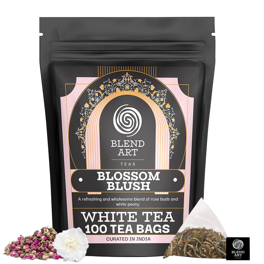 Blendart Blossom Blush Rose White Tea Bags Delicate Caffeinated Tea Made from Fresh Leaves. Natural Premium White Tea Bags -100 Pyramid Tea Bags