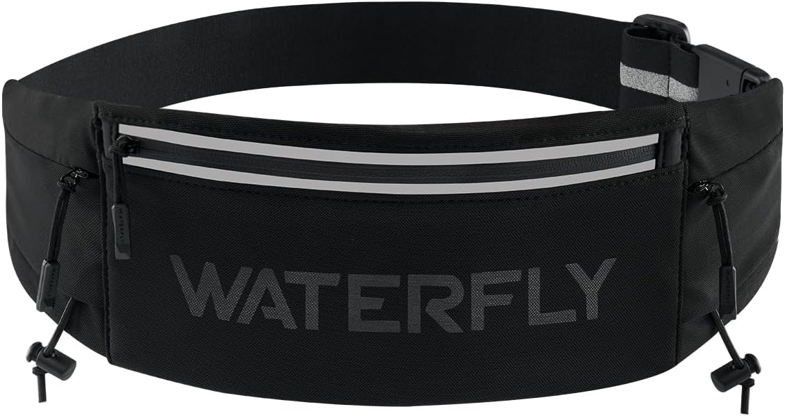 WATERFLY Running Belt Fanny Pack: Breathable 3 Pocket Waist Bag for Men Women Workout Exercise Fitness Phone Holder Fits ALL Phones - Runner Marathon Jogging Race Belt With Bib Clip Black