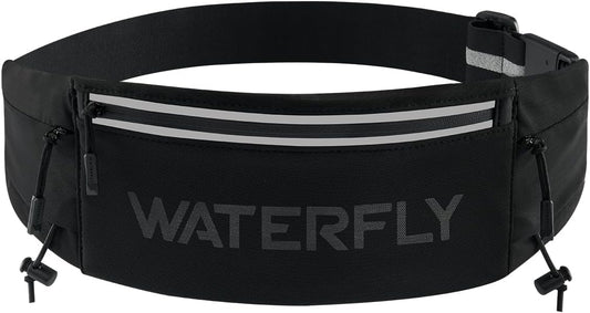 WATERFLY Running Belt Fanny Pack: Breathable 3 Pocket Waist Bag for Men Women Workout Exercise Fitness Phone Holder Fits ALL Phones - Runner Marathon Jogging Race Belt With Bib Clip Black