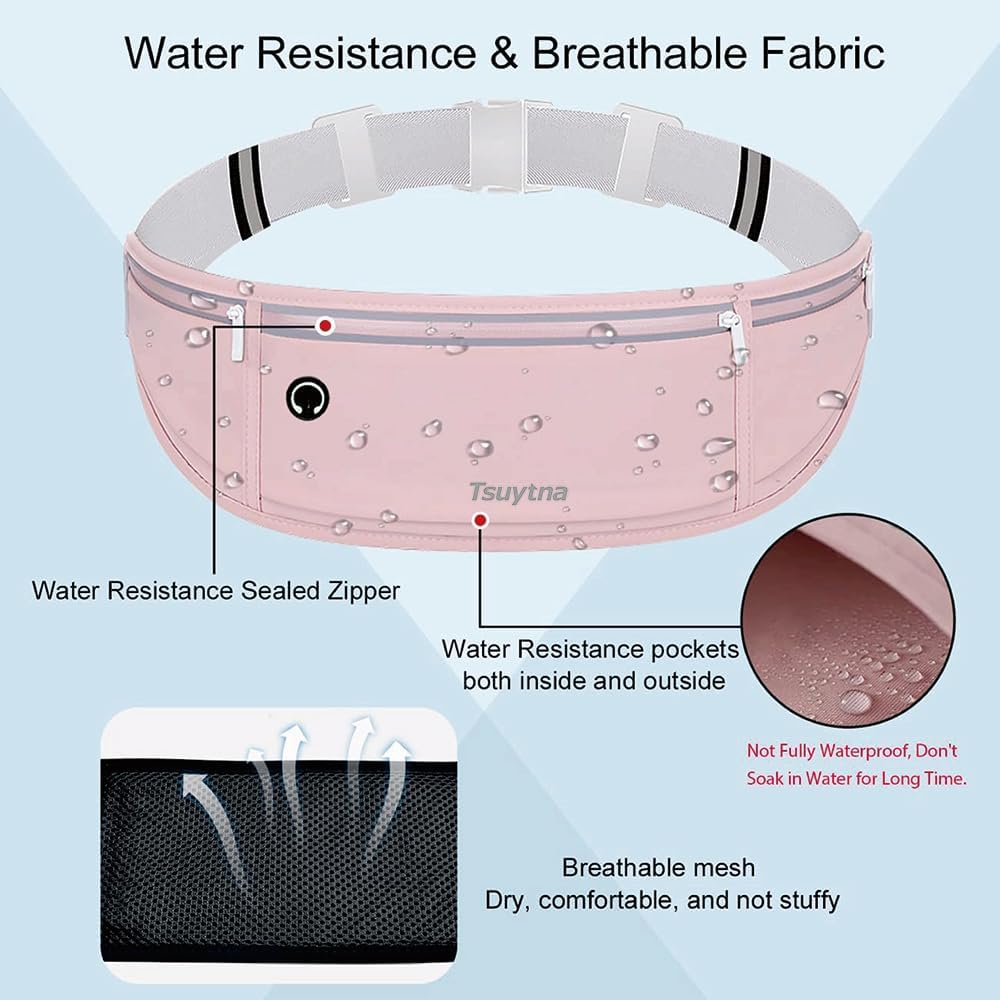 Running Belt for Women & Men - Slim Phone running belt with Water-Resistant Phone Holder, 3 pockets Adjustable Waist Strap, Reflective Safety Design for Running, Hiking, Travel，Fitness (Pink)