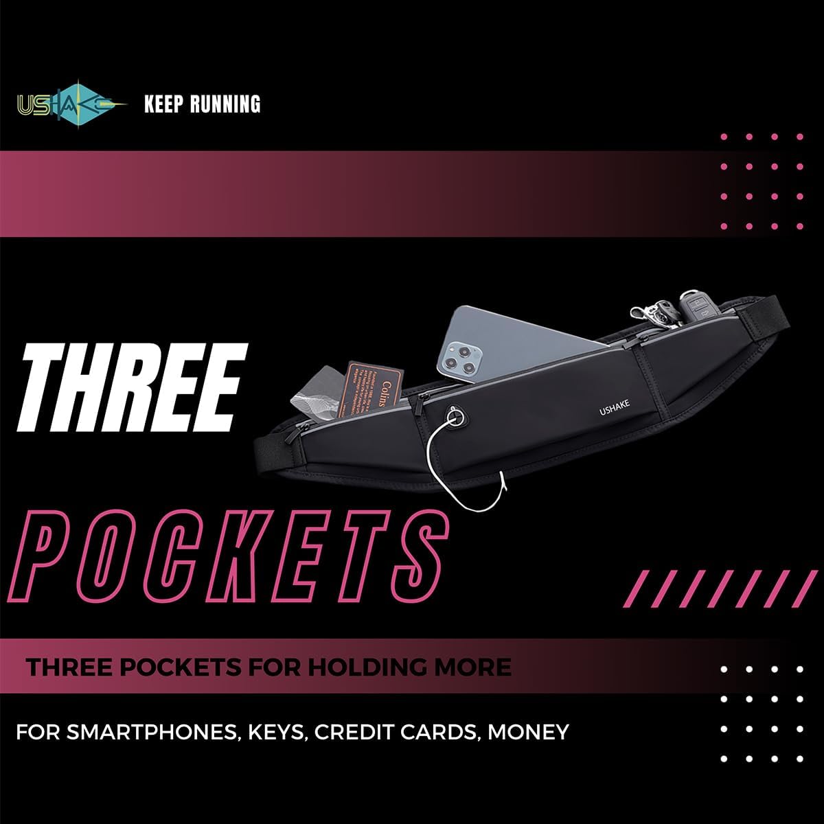 USHAKE Slim Running Belt, Workout Fanny Pack for Men Women,Exercise Waist Pack for Apple iPhone Holder, Runner Belt for Running Walking Cycling Camping Gym Black