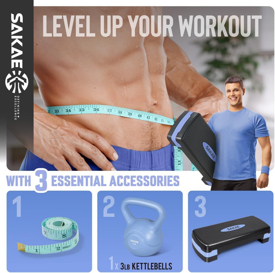 Adjustable Height Aerobic Stepper Set, Multiple Bundle Options with Dumbbells, Kettlebell, Waist Trimmer, Ankle Weights or Weighted Vest, Workout Exercise Step Platform w/Level Risers, 4 Colors