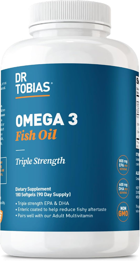 Dr. Tobias Omega 3 Fish Oil, 2000mg Triple Strength with 800mg EPA 600mg DHA Per Serving, Fish Oil Omega 3 Supplements for Heart, Brain & Immune Support, 180 Softgels, 90 Servings