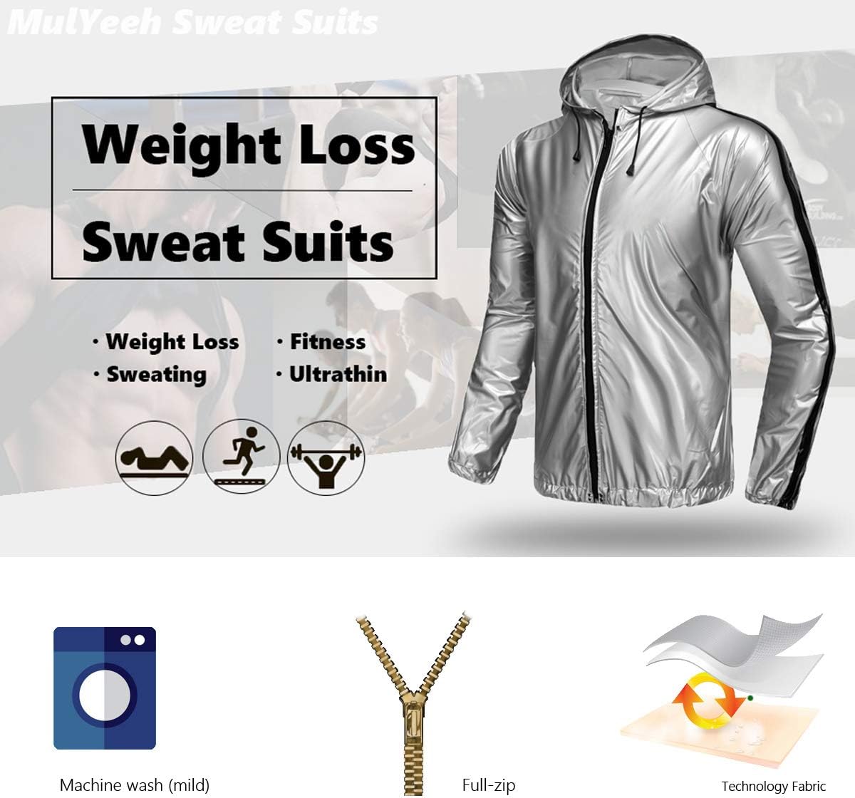 MulYeeh Weight Loss Sweat Suit Anti-Rip Heavy Duty Full-Zip Sauna Suit Fitness Exercise Gym Top Pant with Hood for Men Women