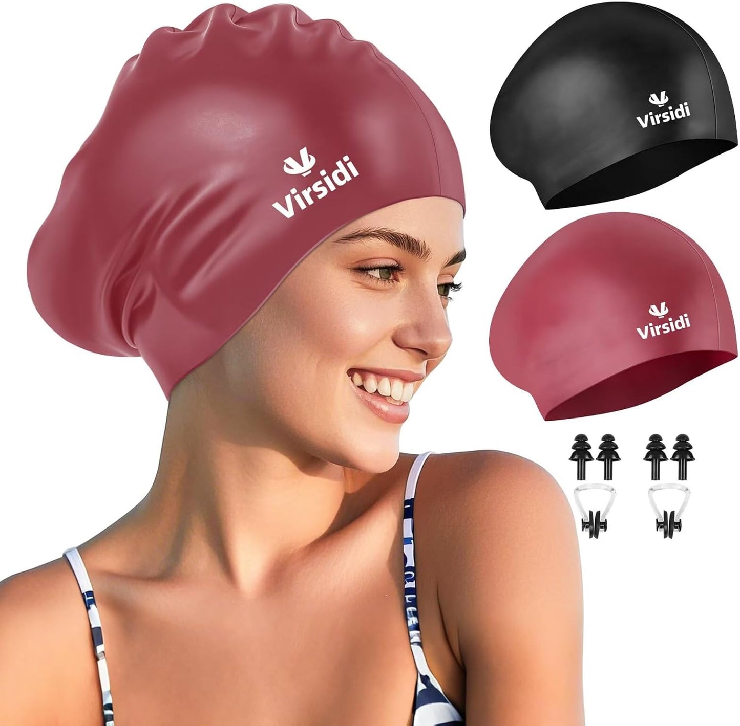 2 Pack Large Swim Caps for Long Hair, Silicone Swimming Cap for Adult Women Men, Waterproof Swim Hats Bathing Caps to Keep Hair Dry with Bonus Nose Clip and Earplugs