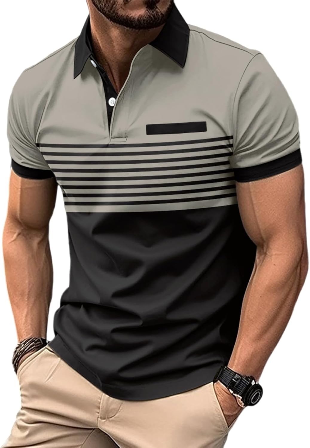 Men's Casual Polo Shirts Short Sleeve Fashion Golf Shirt Classic Striped Slim Fit T-Shirts