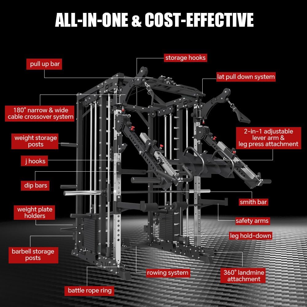 FAGUS Commercial Smithe Machine with 308lb Dual Weight Stacks, 4000LBS Power Cage Squat Rack with Lever Arm & Leg Press, Multi-Function Linear Bearing Cable Crossover Machine for Home Gym