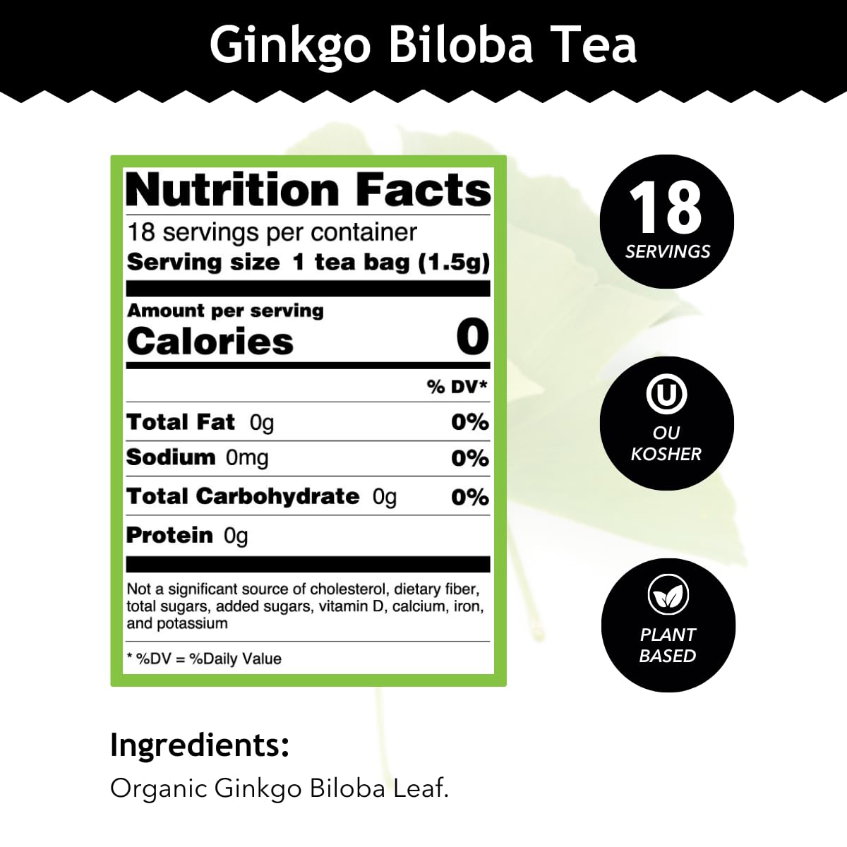 Buddha Teas - Ginkgo Biloba - Organic Herbal Tea - For Cognitive Balance & Overall Health - With Vitamin C - Energizing Blend - Caffeine Free - 100% Kosher & Non-GMO - 18 Tea Bags (Pack of 1)