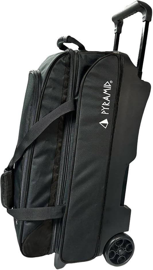 Pyramid Prime Triple Roller 3-Ball Bowling Bag with Extra Large Shoe Compartment (Fits Two Pairs of US Mens Size 15), Retractable Locking Handle (Extends to 41.5"), 1 Large Accessory Pocket, 5" Wheels