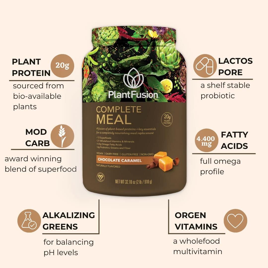 PlantFusion Complete Meal Replacement Shake - Plant Based Protein Powder with Superfoods, Greens & Probiotics - Vegan, Gluten Free, Soy Free, Non-Dairy, No Sugar, Non-GMO - Chocolate Caramel 2 lb