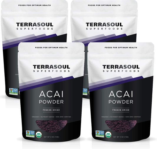 Terrasoul Superfoods Organic Acai Berry Powder, 16 Oz (Pack of 4), Freeze-Dried for Freshness, Omega Fats Boost for Smoothie Bowls, and Antioxidant-Packed Superfoods Recipes