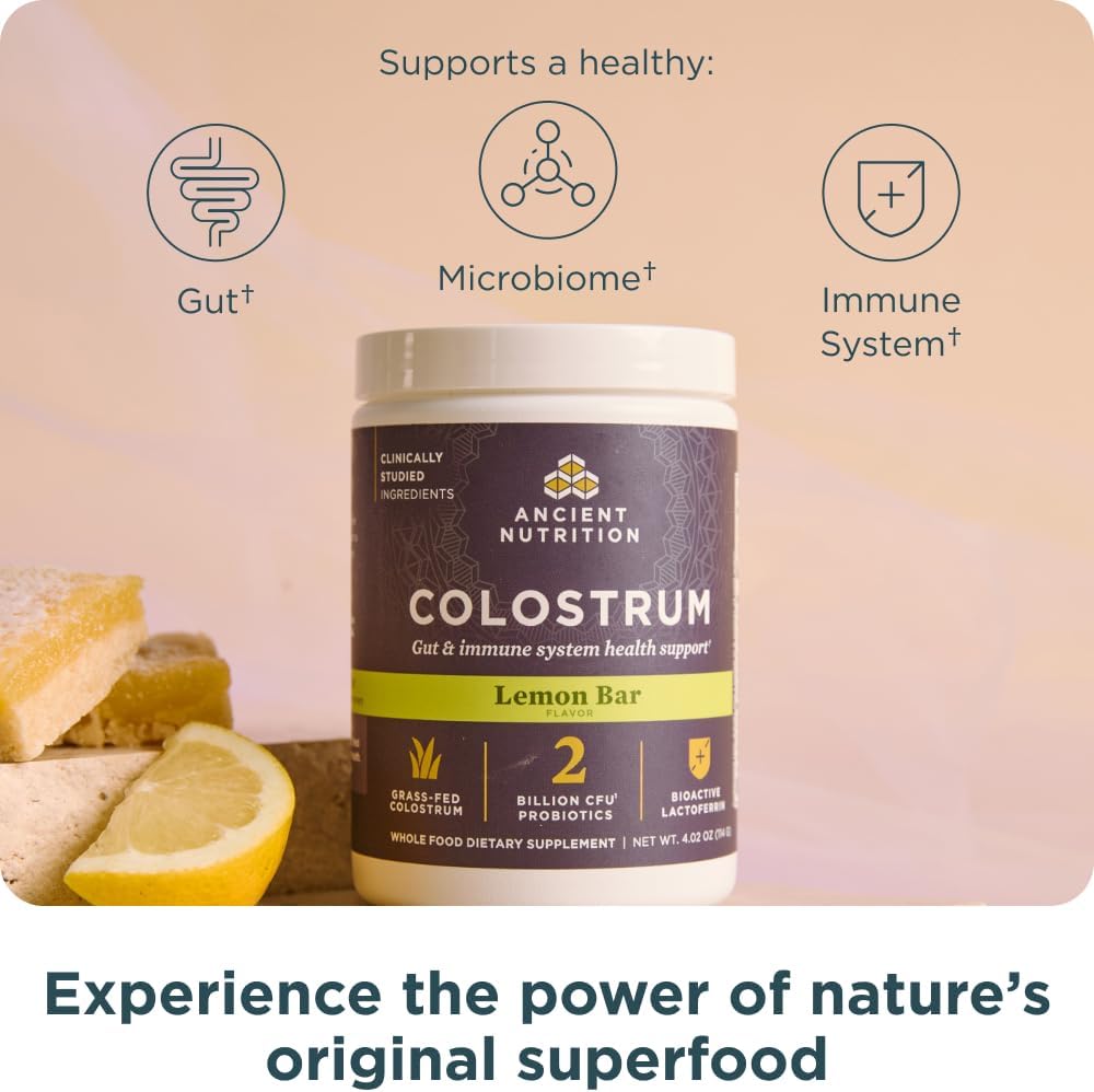 Ancient Nutrition Colostrum Superfood Powder, Grass Fed Bovine Colostrum, Supports Healthy Gut Microbiome and Immune System, Clinically Studied Lactoferrin & Probiotics, Lemon Bar, 60 Servings
