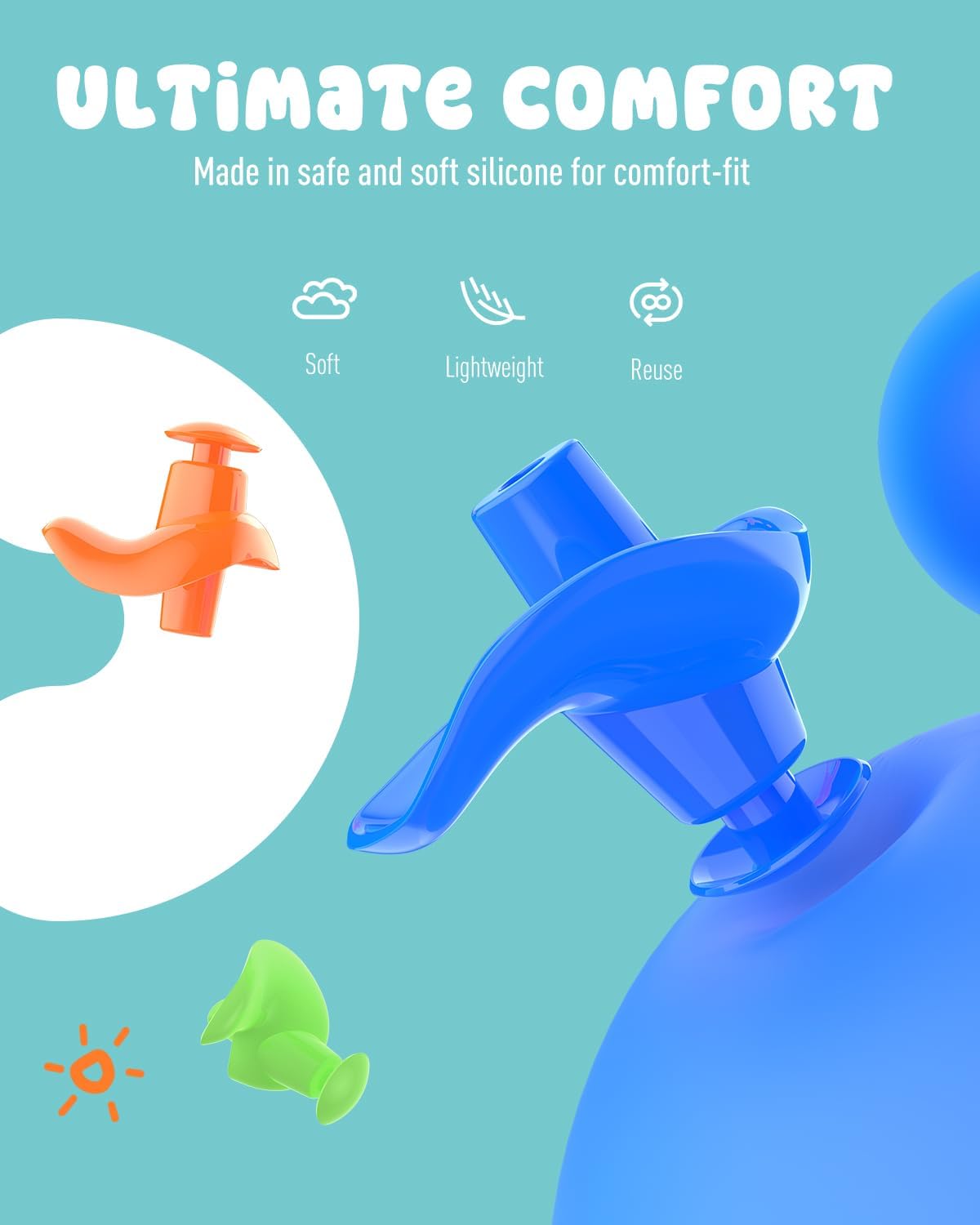 Hearprotek 3 Pairs Swimming Ear Plugs for Kids, Soft Silicone Reusable Waterproof Earplugs for Toddlers Bathing Swimming and Other Water Sports(Blue/Orange/Green)