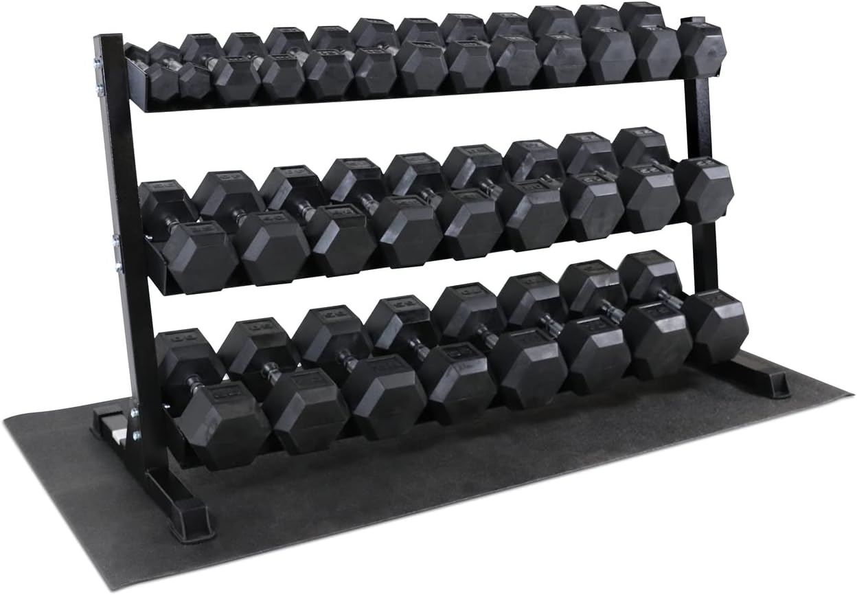 WF Athletic Supply Rubber Coated Hex Dumbbell Set, Multiple Choices Available - Dumbbells with Rack Stand and Mat, or Dumbbells Only (200/550/1200/2100/3000 LB)