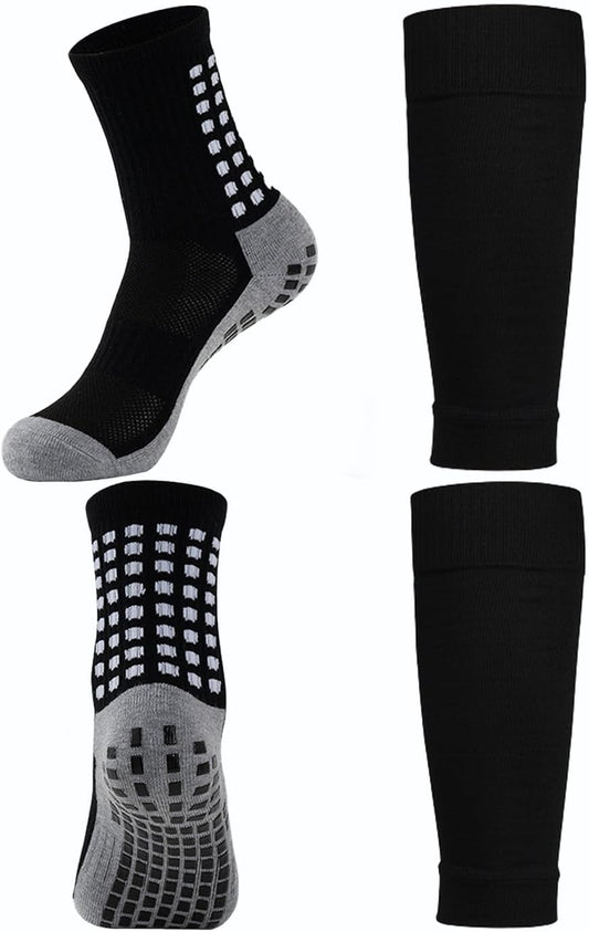 KMOLY 1 Set Soccer Grip Socks,Shin Guard Sleeves for Football Basketball for Men and Women Black/White One Size