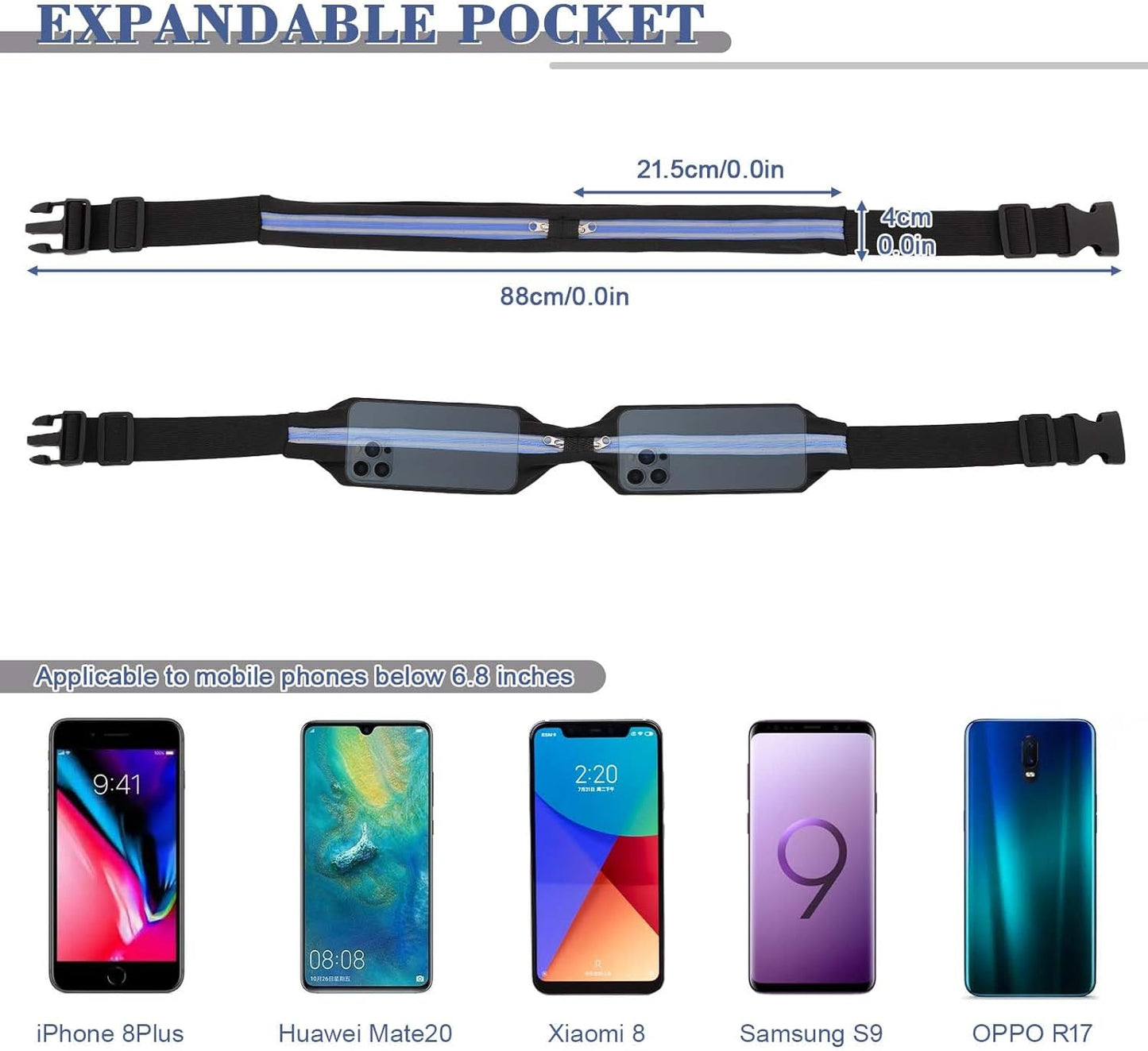 2 Pcs Running Belt for Men and Women, Slim Running Belt, Reflective Waterproof Double Pocket Design, Suitable for Running, Cycling, Mountaineering and Other Sports (Blue, Green)