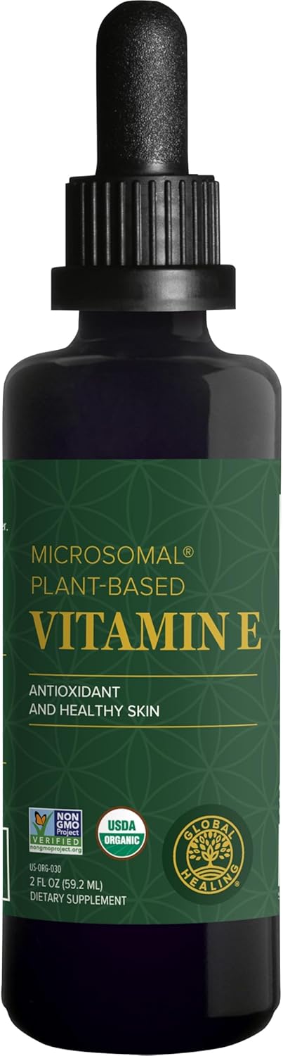 Global Healing Organic Vitamin E Liquid Drops 40 mg - Natural D-Alpha Tocopherol 15% α-tocopherol - Vegan Liquid Vitamin E Oil Oral Supplement for Skin - Low Dose Liposomal Vitamin (2 Oz)