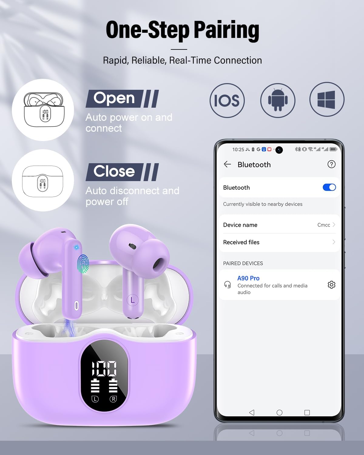 Wireless Earbuds, Bluetooth 5.4 Headphones Bass Stereo, Ear Buds with Noise Cancelling Mic, IP7 Waterproof in Ear Earphones, 36H LED Display Bluetooth Earbuds for Laptop Pad Phones Sports, Purple