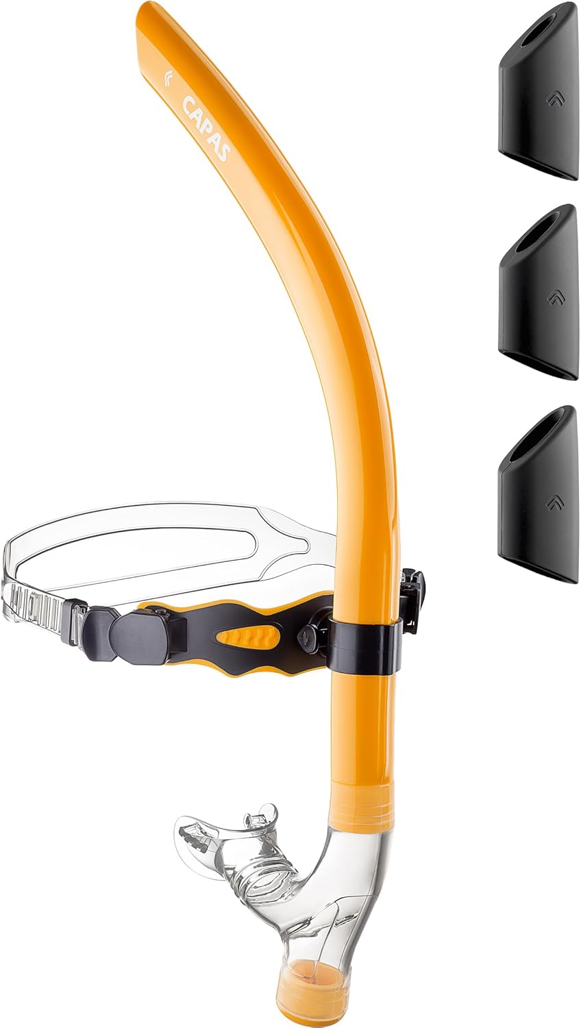 CAPAS Training Swim Snorkel for Lap Swimming, Swivel Headband Ultimate Fit Center-Mount Swimmers Snorkel with Liquid Silicone Mouthpiece Adjustable Strap, Designed for Adult Men Women