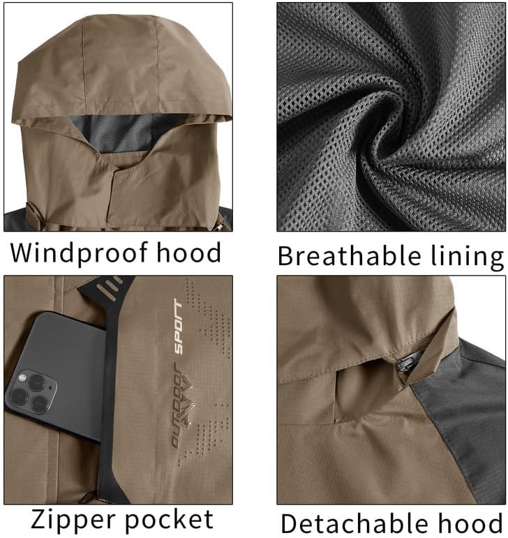 TEZO Mens Rain Jacket Waterproof with Hooded Hiking Coat Lightweight Windbreaker