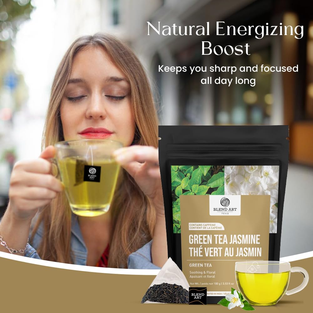 Jasmine Green Tea Bags, 50 Counts, Mountain Loose Leaf Green Tea, Flavored, Delightful Aroma, Sugar Free, 100% Natural Gluten Free, Medium Caffeine Brew As Hot, Cold Or Iced Tea