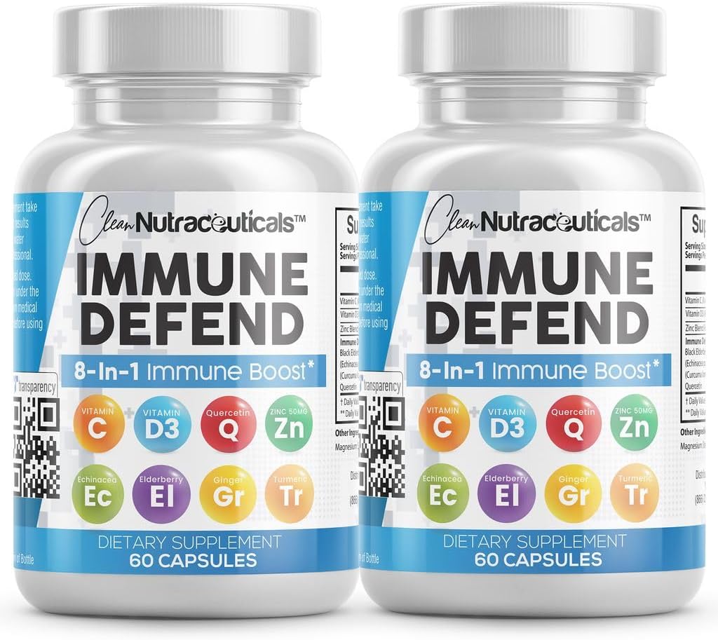 Immune Defense Support Supplement 8 in 1 w/ Zinc 50mg Quercetin, Vit C 1000mg, Vitamin D3 5000 IU, Elderberry, Turmeric Curcumin, Ginger, Echinacea - Immunity System Booster Adults Vegan - 60Ct (2)