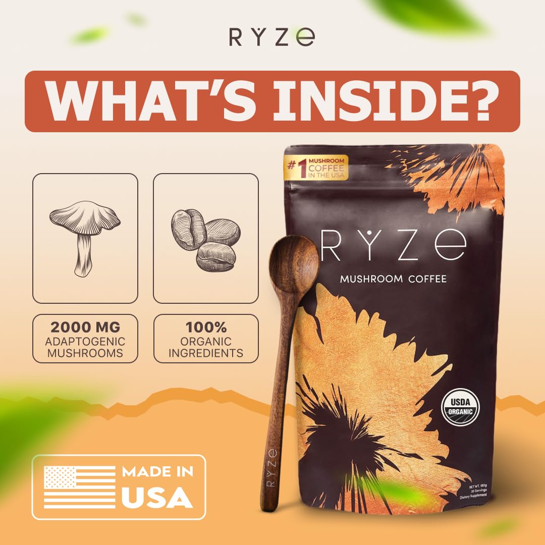 RYZE SUPERFOODS Mushroom Coffee USDA Organic with 6 Adaptogenic Mushrooms and MCT Oil, USA Grown Instant Coffee for Better Energy, Focus, Digestion, Immunity with Lions Mane & Turkey Tail, 30 servings
